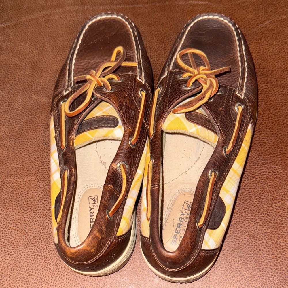 Sperry Brown Leather and Yellow Plaid Boat Shoes